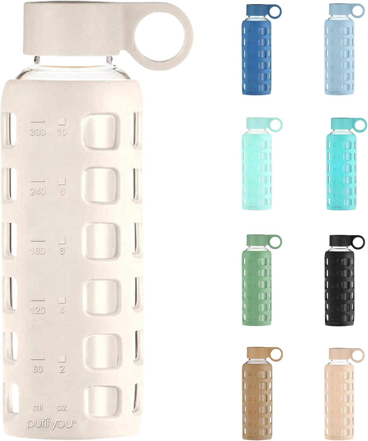 purifyou 40oz / 32oz / 22oz / 12oz Borosilicate Glass Water Bottle with Time & Volume Markers, Silicone Sleeve