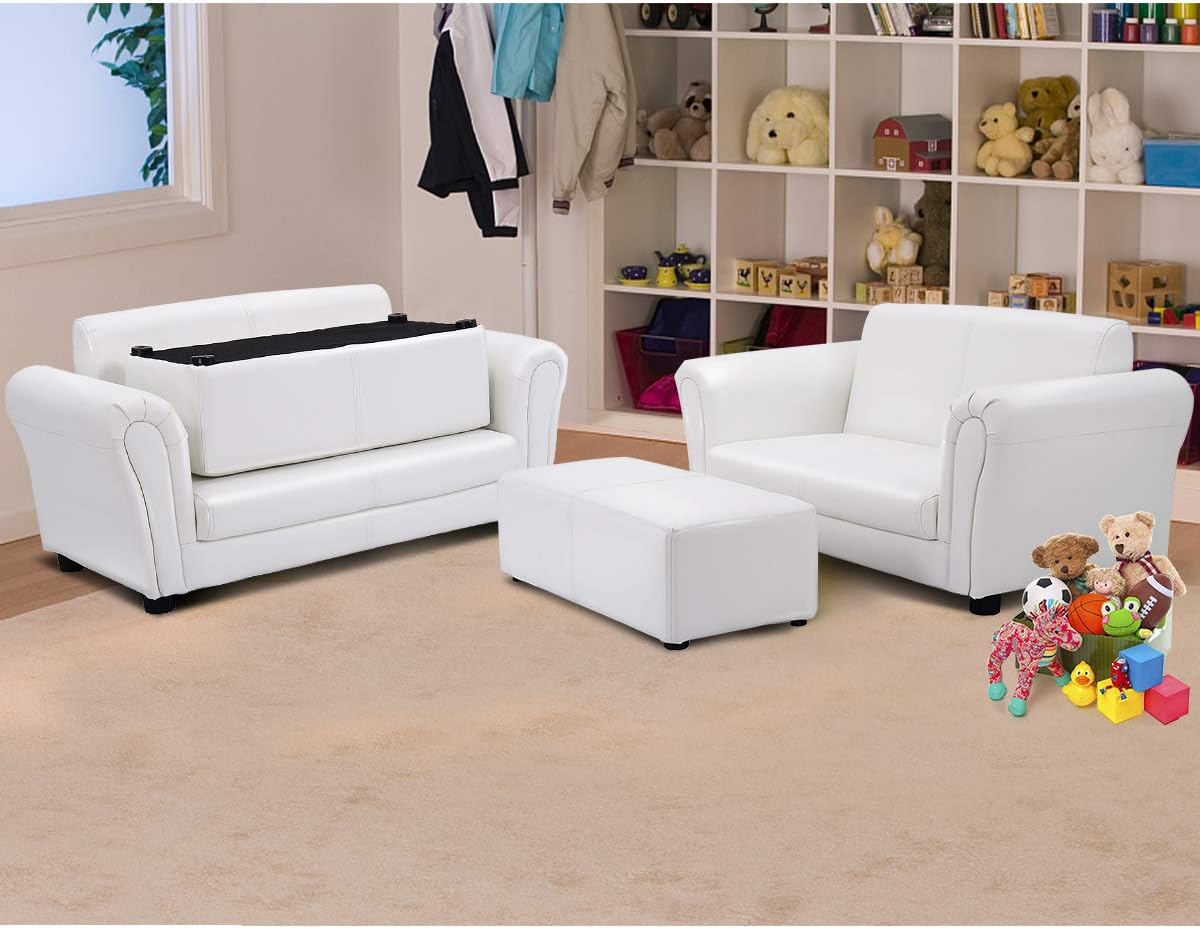 Costzon Kids Couch with Footstool, 2 in 1 Double Seat Children's Sofa w/PU Leather Surface, Armrest Chair Lounge, Soft Kids Sofa for Preschool Bedroom Kids Room Toddlers Boys Girls Birthday (Black)