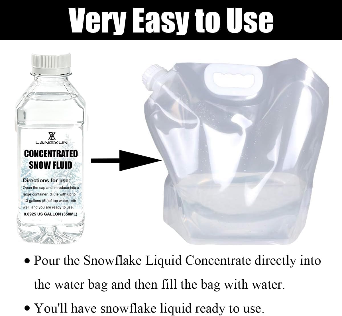 LANGXUN Flakes Snow Machine Fluid, 5 Bottles Concentrated Snow Fluid With 1pcs 1.32 gallon diluted storage bag