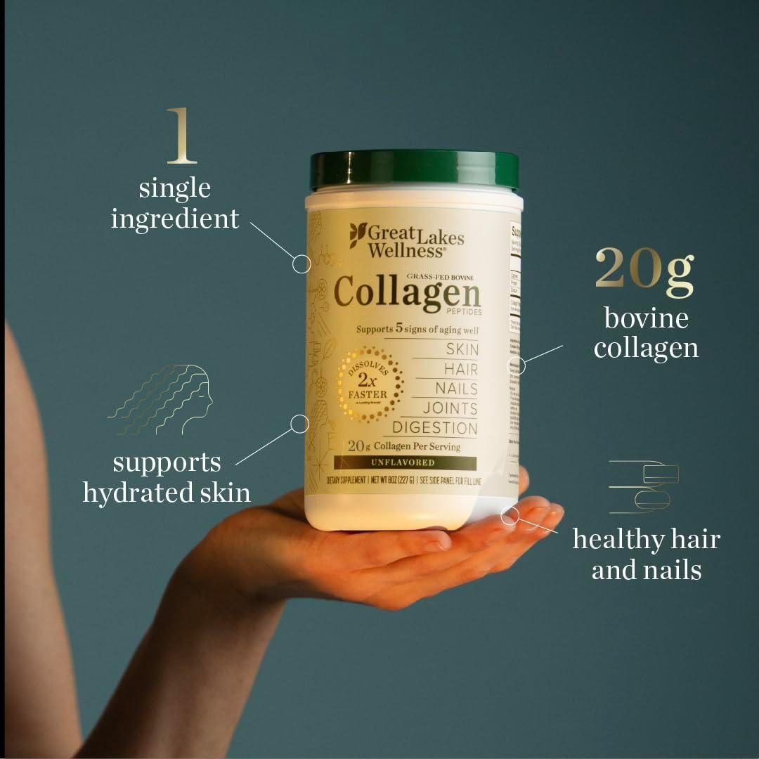 Great Lakes Wellness Collagen Peptides Powder – Supports Skin, Hair, Nails, Joints & Digestion – Hydrolyzed, Non-GMO, Keto & Kosher – Pure Collagen Protein (16 oz, 22 Servings) Packaging may vary