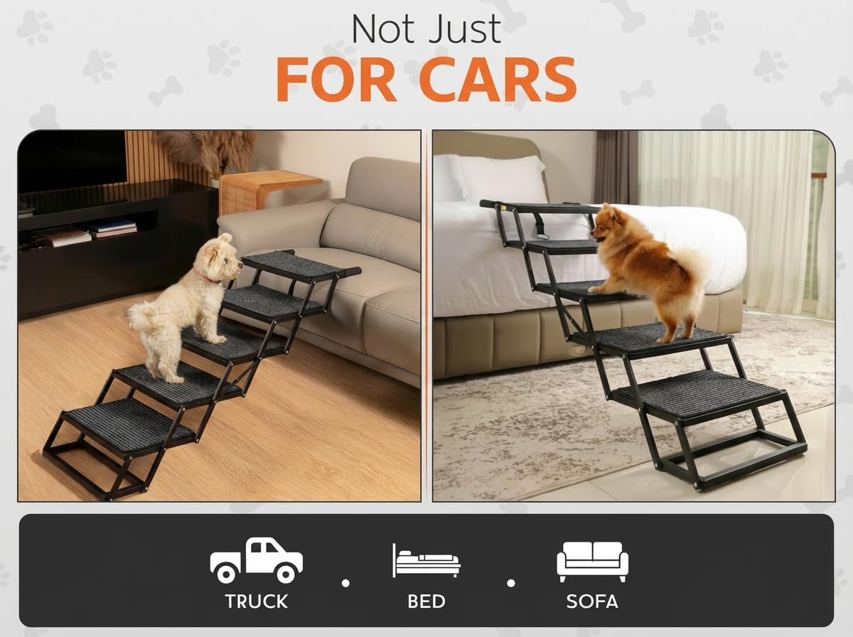 Foldable Dog Stairs for Cars Trucks & SUVs - Heavy-Duty Carbon Steel Pet Ladder Supports 230LB - Non-Slip Metal Mesh Joint-Friendly Portable Ramp for Large Dogs - 5 Step Pet Stairs w/Mat