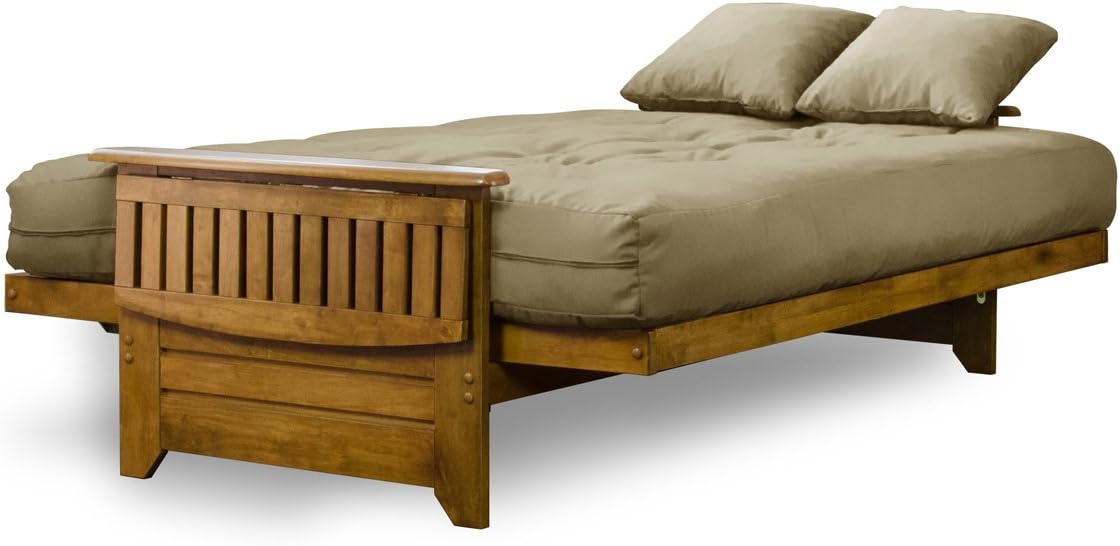 Brentwood Tray Arm Futon Sofabed Set - Queen Frame, 8" Microfiber Fudge Mattress, Heritage Finish