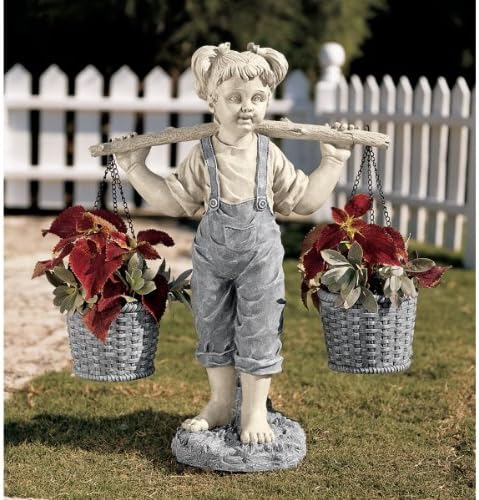 Design Toscano Flowers for Felicity Little Girl Garden Statue with Basket Planters, Medium, 25 Inches Tall, Cast Stone Resin, Two Tone Stone Finish