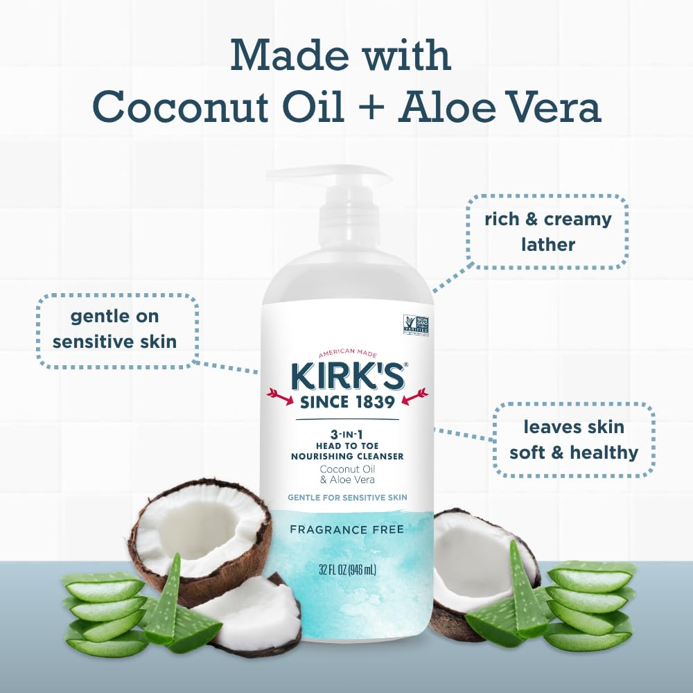 Kirk's Juniper & Lime​ 3-in-1 Nourishing Cleanser, Shampoo Body Wash Bubble Bath, Coconut Oil and Aloe Vera, Vegan Non-GMO, 32 Fl Oz