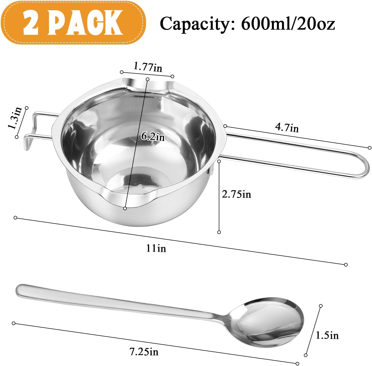 2 Pieces Stainless Steel Double Boiler Pot with 2 Metal Spoon, Chocolate Melting Pot for Melting Chocolate, Butter, Cheese