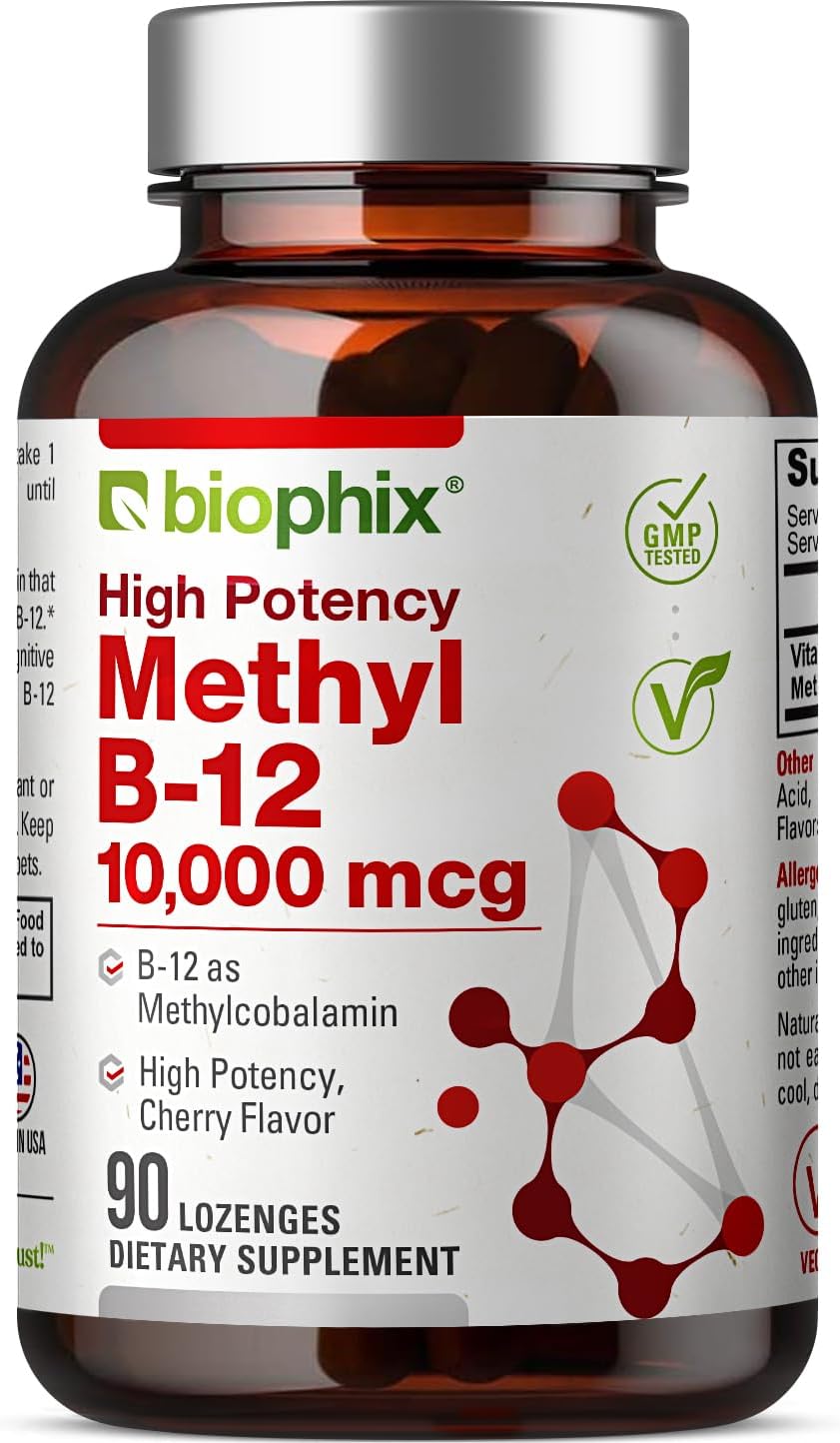 biophix Methyl B-12 10000 mcg 90 Vegan Lozenges Cherry Flavor Extra Strength - Supports Nervous System Immune Health Blood Flow Metabolism Brain