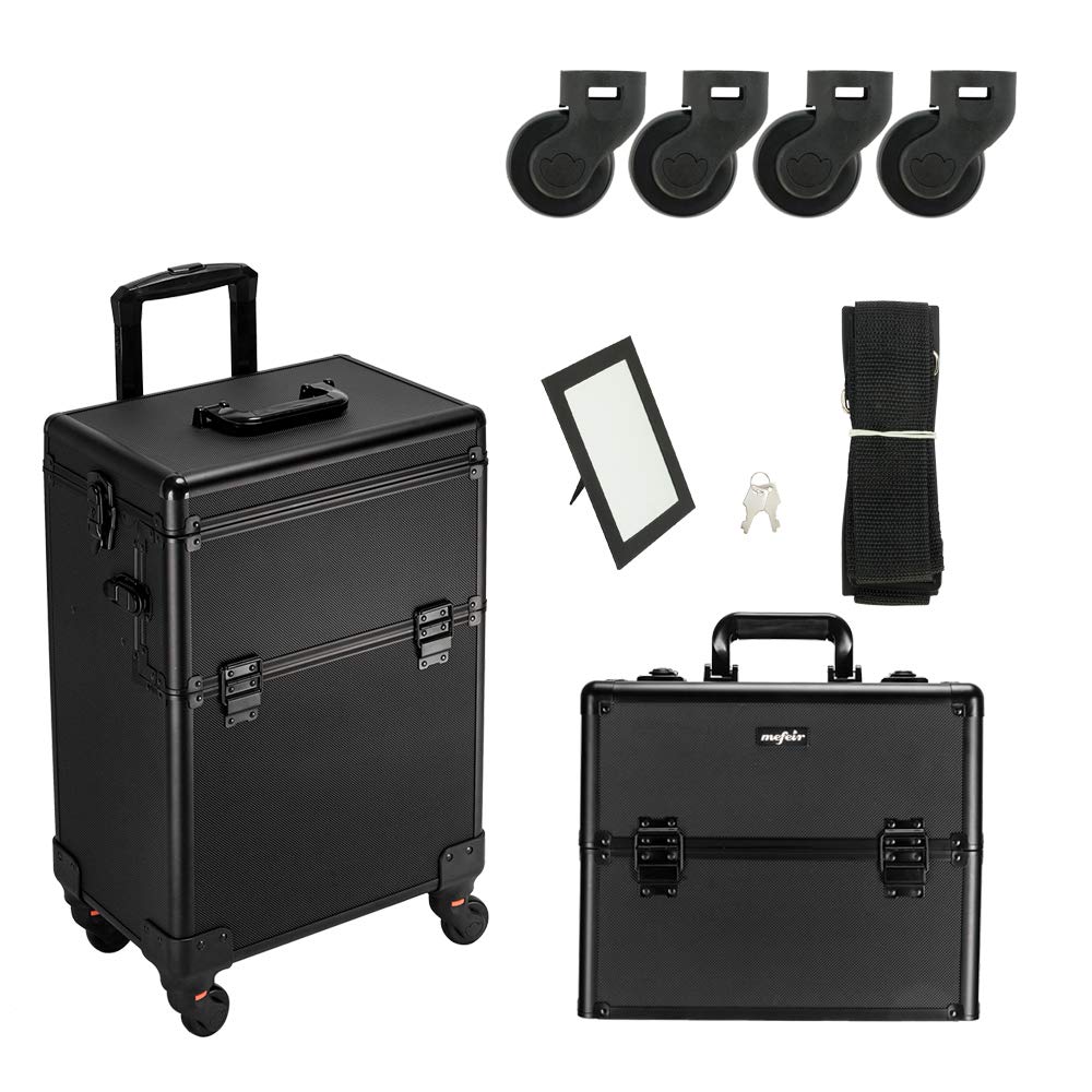 mefeir 2 in 1 Rolling Makeup Train Case Professional Cosmetic trolley on Wheels Aluminum Nail Cart Cosmetic Suitcase for professional makeup artist, Luggage Lockable w/4 Removable Wheels (Black)