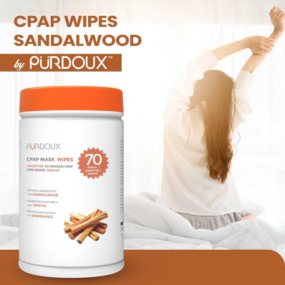PURDOUX 100% Cotton CPAP Mask Wipes Canister Unscented with Aloe Vera (70 wipes) - CPAP Supplies, CPAP Accessories, CPAP Cleaning Supplies for CPAP Machine | Aloe Vera Infused, Alcohol Free, Silicone Safe, Removes Dirt & Facial Oils, Gentle Cleaning, CPA…