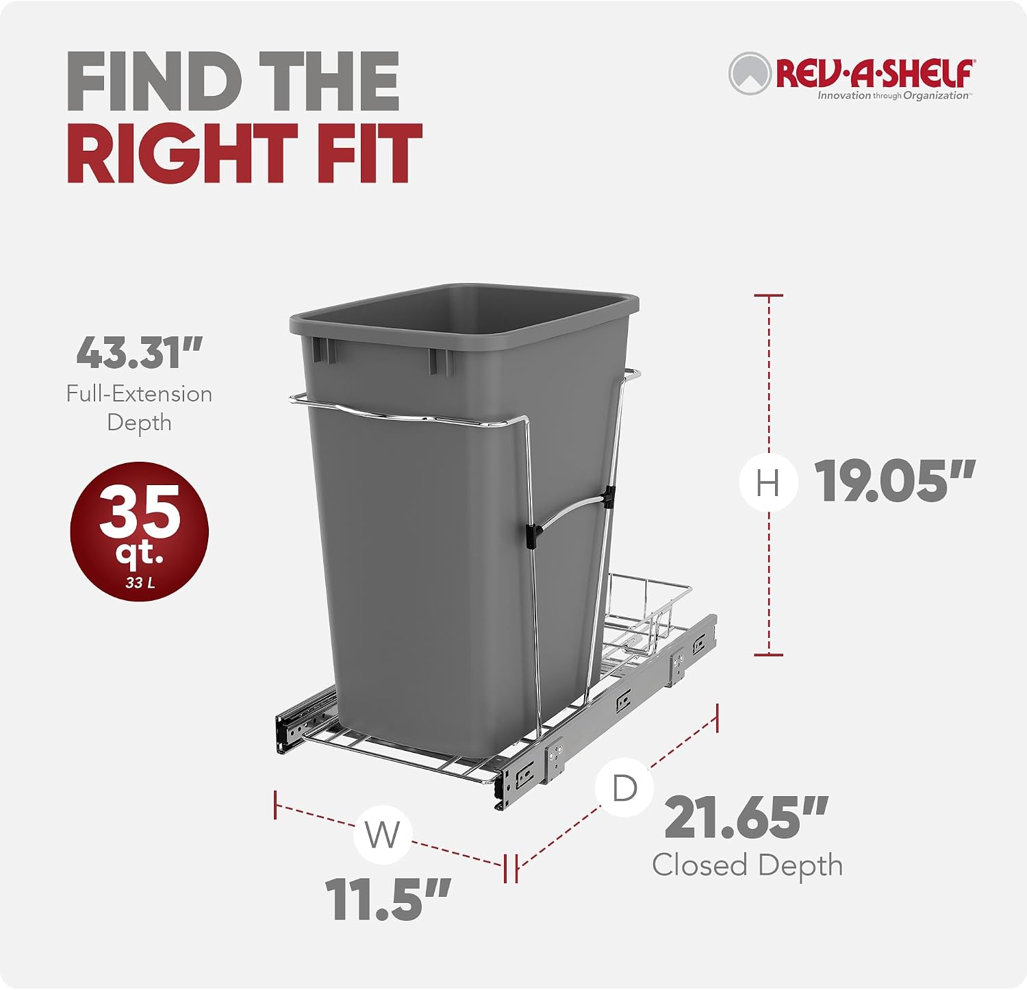 Rev-A-Shelf Pullout Trash Can for Kitchen Cabinets, Black Waste Bin, 35 Qt | Large Capacity Garbage/ Recycling Waste Container, Heavy Gauge Metal Wire Construction w/Full Extension Slides, RV-12KD-18C S