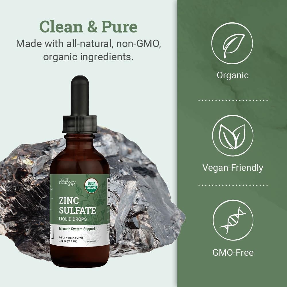 Organic Liquid Zinc Sulfate - Pure Zinc Supplements for Skin Health, Immune System Function and Normal Cell Growth in Adult Men & Women - Non-GMO