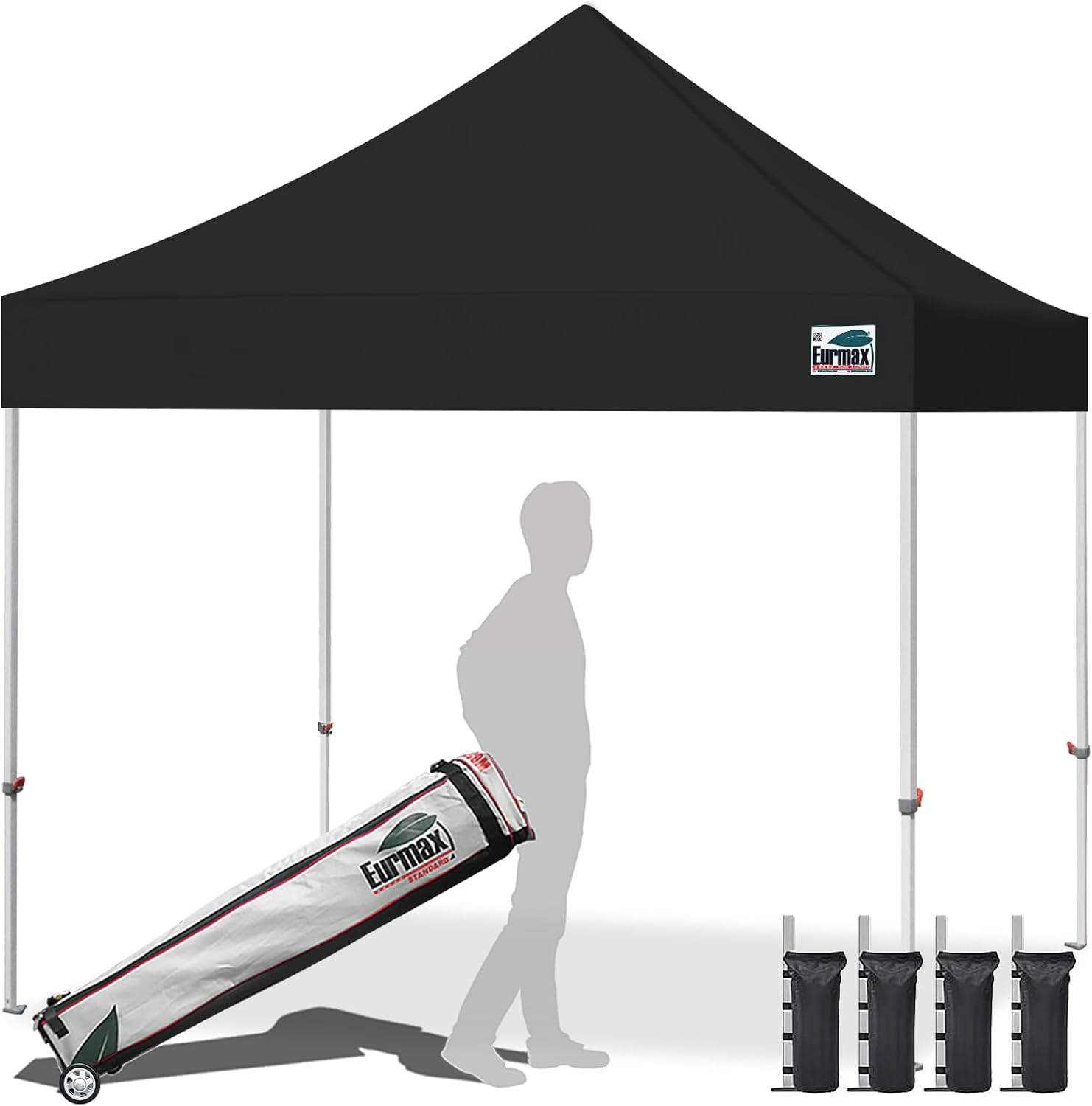 Eurmax USA 10x10ft Pop Up Canopy,Commercial Instant Tent for Outdoor Events,Patented No-Tip Rolling Storage Bag with 4 Sandbags,UV & Water Resistant,Heavy Duty Portable Shelter Gazebo,Black