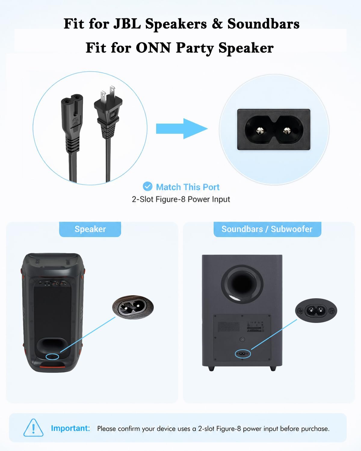 Superer Charger Power Cord Fit for JBL Partybox 110 310 320 120 710 720 100 300 520 1000, ONN Party Speaker