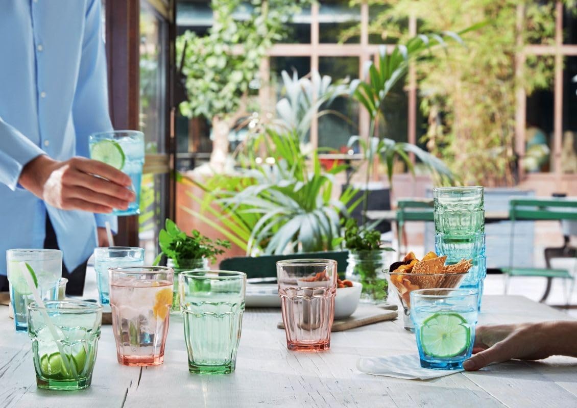 Bormioli Rocco Rock Bar 12.5 oz. Long Drink Stackable Tempered Beverage Glasses for Cold Drinks, Water, and Cocktails, Set of 6, Ice Blue