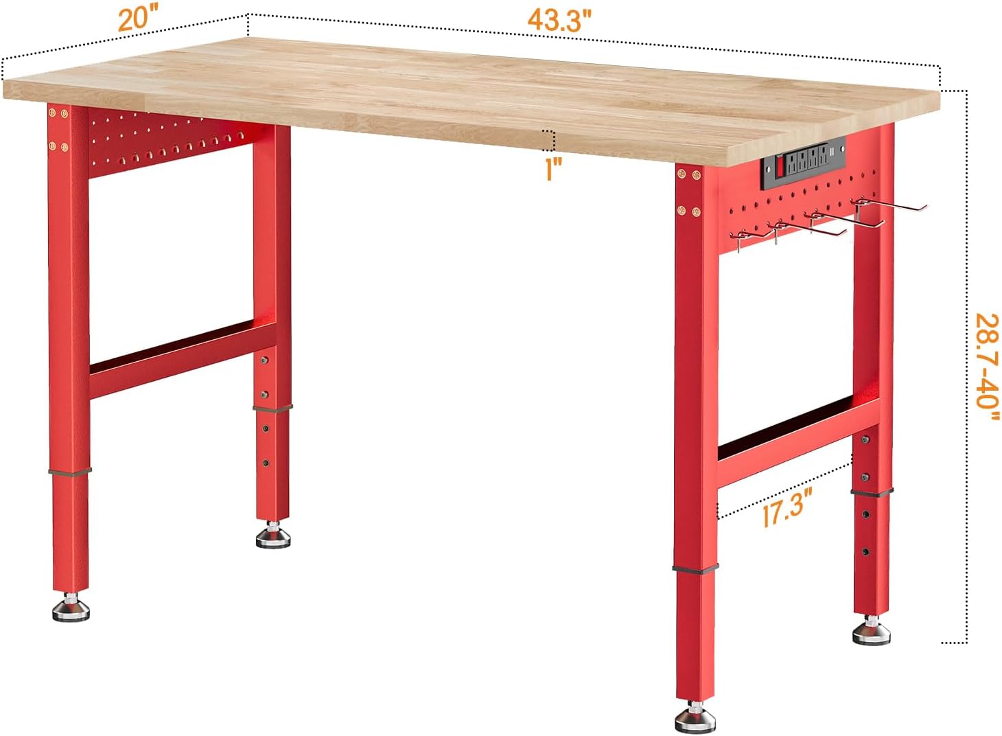 SPECRAFT Adjustable Black Heavy-Duty Workbench | 2000 Lbs Capacity, Rubber Wood Top, 4 AC Outlets and 2 USB Ports, for Garage, Workshop and Office