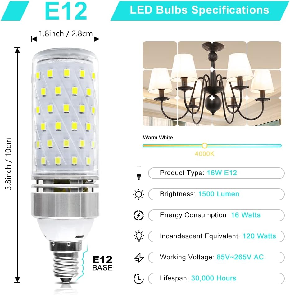 LEDLightsWorld Super Bright E12 LED Corn Bulbs, 16W 1500LM Bulbs, Daylight White 6000K Lights, CRI80+, 120W Incandescent Bulb Equivalent