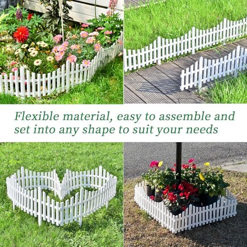 Sungmor Lightweight & Flexible Plastic White Edging Garden Picket Fence, Pack of 4 (One Piece L:24in, W:0.3in, H:13in) Above Ground Height 9.5in