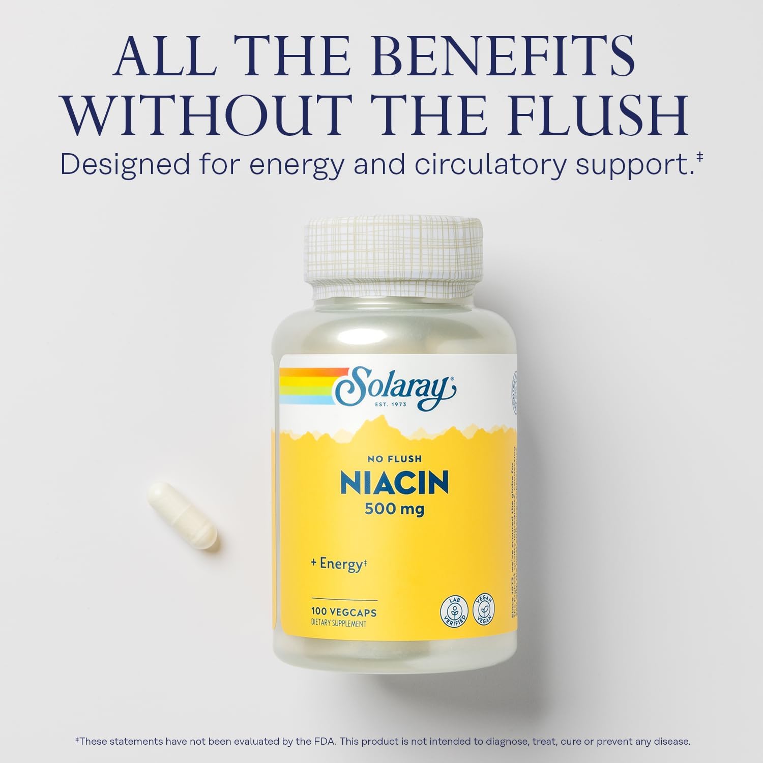 SOLARAY No Flush Niacin 500mg, Flush-Free Vitamin B3 Niacin, Energy and Circulatory System Support, Vegan, Lab Verified, 100 Servings, 100 VegCaps