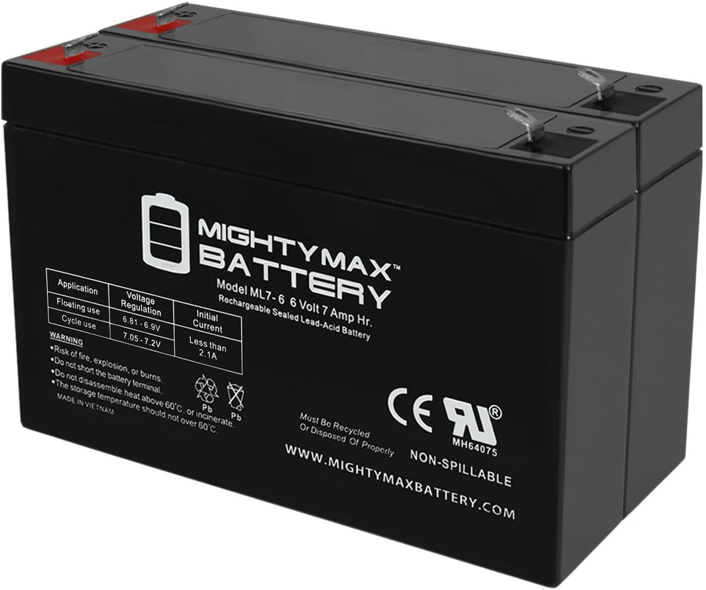 Mighty Max Battery ML7-6 - 6 Volt 7 AH, F1 Terminal, Rechargeable SLA AGM Battery, Mighy Max Product