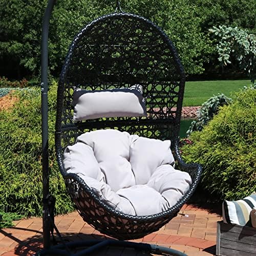 Sunnydaze Cordelia Egg Chair with Cushions -Resin Wicker Hanging Chair with 265-Pound Weight Capacity - Hanging Swing Includes Gray Polyester