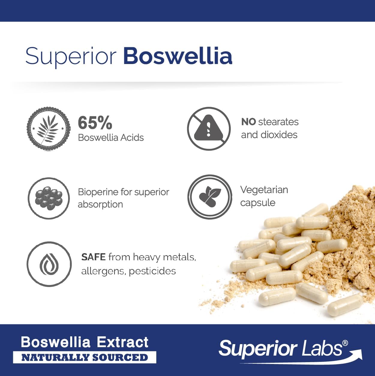 Superior Labs Boswellia Serrata Extract 500mg – 65% Boswellic Acids, Pure Non-GMO, Zero Fillers, Indian Frankincense