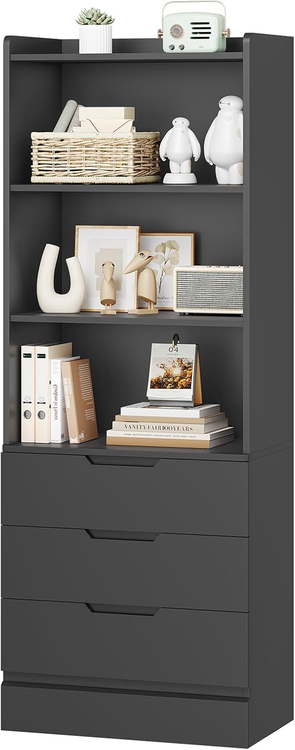 DICTAC 73.23'' Tall Storage Cabinet Bookcase with 3 Drawers and 3-Tier Open Shelves Wooden Bookshelf Kitchen Pantry Storage Organizer Cabinets for Living Room, Study, Kitchen,Bathroom,White