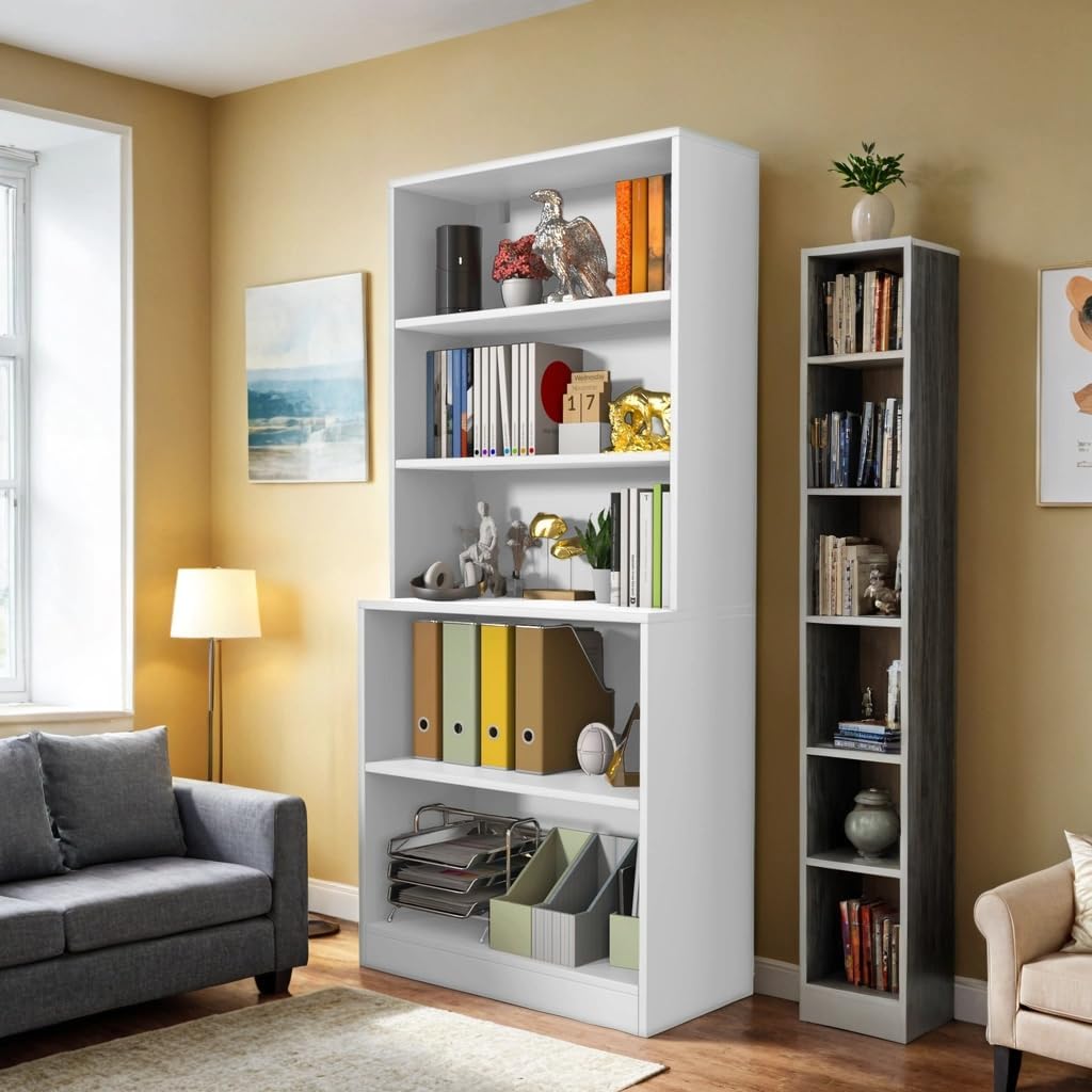 holzart 71" Tall Book Shelf, 5 Tier Large Bookshelf, Standing Wood Display Book Shelf for Living Room, Office, Library with Doors, 31.5" W x 70.87" H x 11.81" D, White
