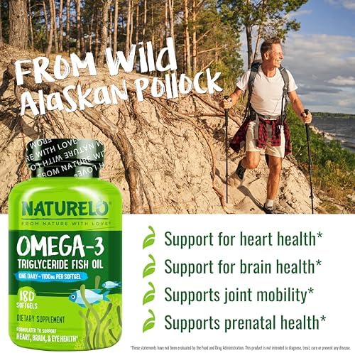 NATURELO Burpless Omega 3 Fish Oil Supplement, 1100mg, 60 Softgels | Triglyceride omega-3, omega 3 DHA EPA, liquid fish oil, 2 months supply