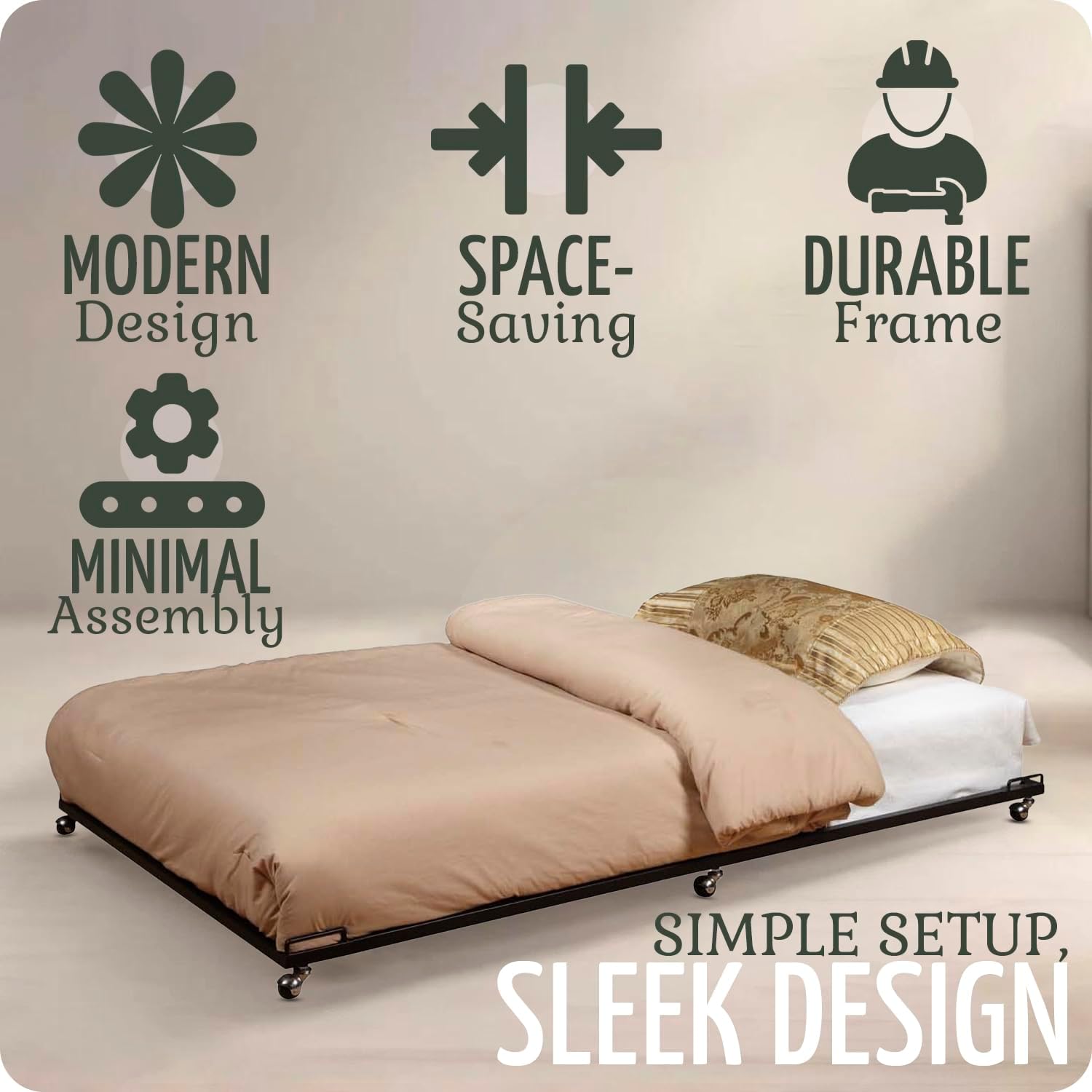2K Furniture Designs - Twin Size Black Metal Roll Out Trundle Bed Frame for Daybed | Space-Saving Guest Bed - Slides Under Daybeds for Overnight Visitors, Dorms, and Small Spaces