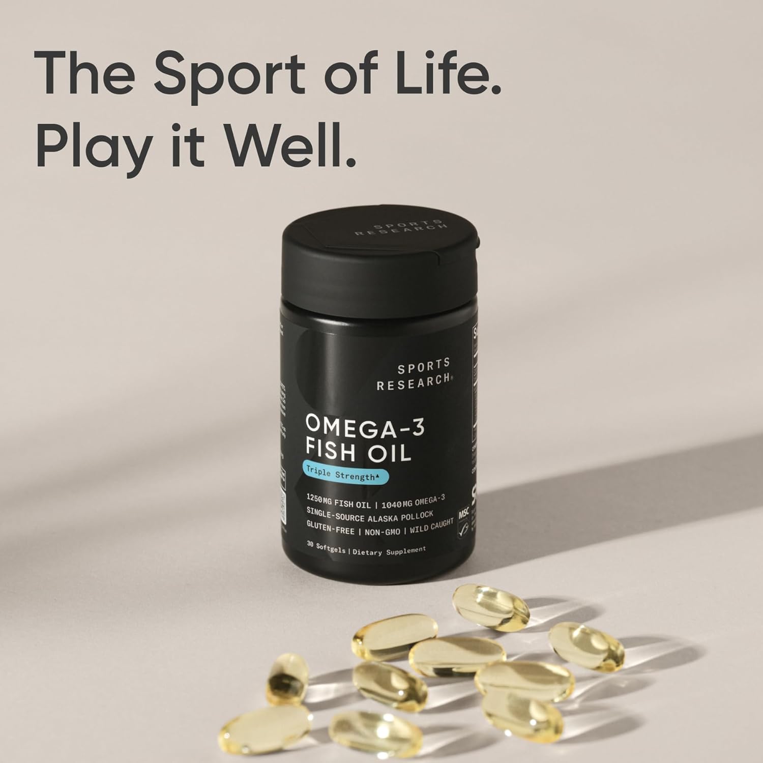 Sports Research® Omega-3 Fish Oil 1250mg from Wild Alaska Pollock,180 Count | Always Fresh Never Fishy | 690mg EPA 260mg DHA per Softgel · Heart & Brain Health* · MSC Certified Sustainable - 180 Servings