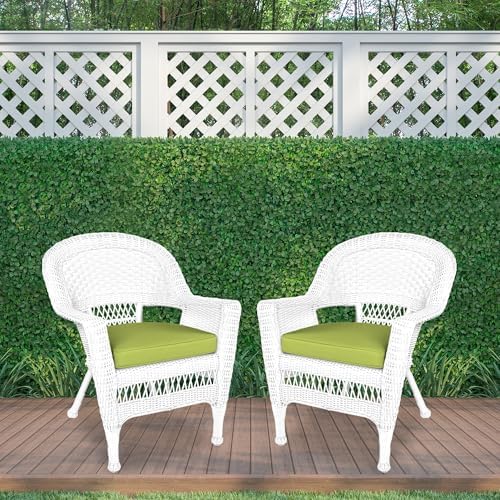 Jeco Wicker Chair with Green Cushion, Set of 2, White/W00206-