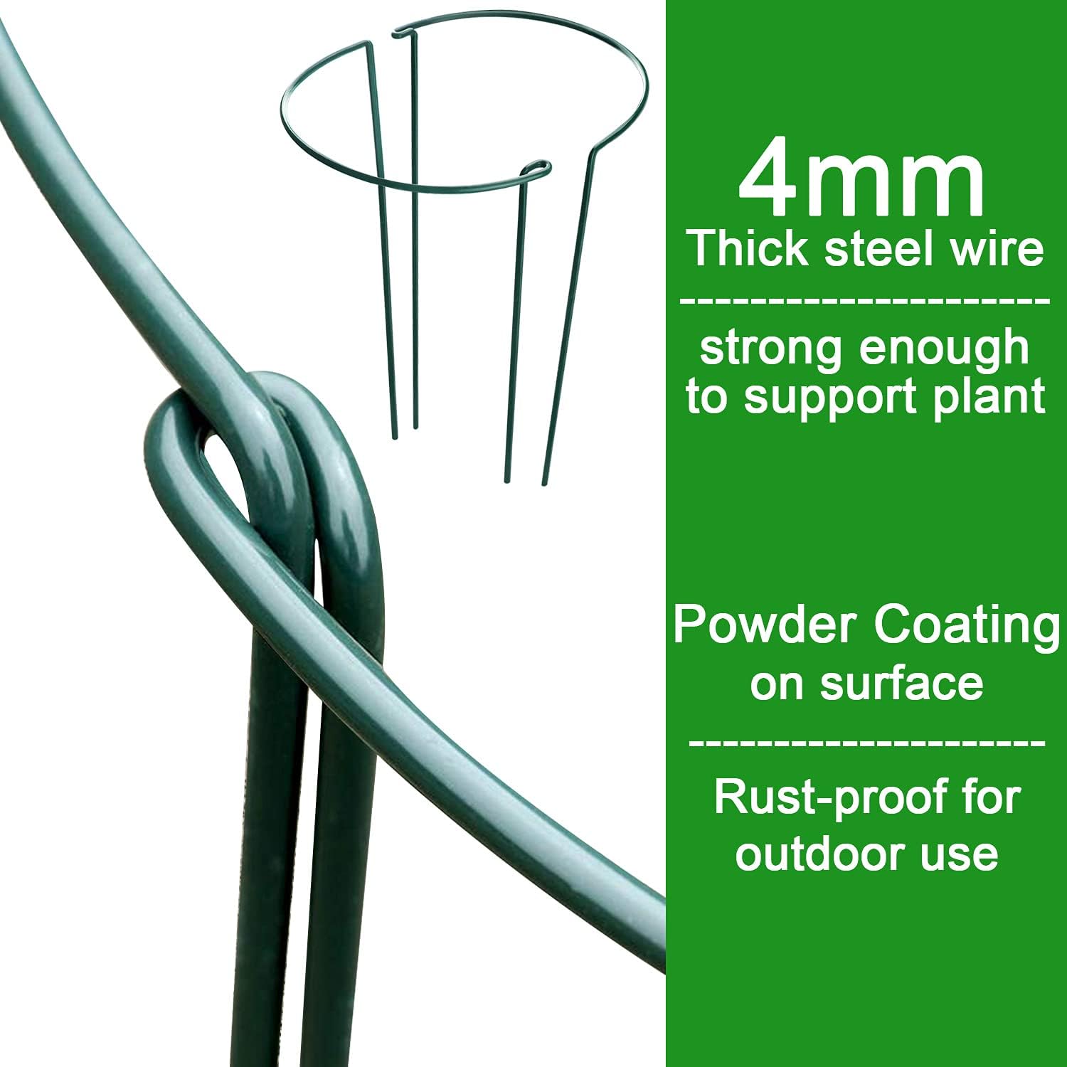 HiGift 8 Pack Plant Support Stakes, Half Round Metal Garden Plant Stake Indoor Peony Cages and Supports, Green Plant Support Ring Border for Tomato