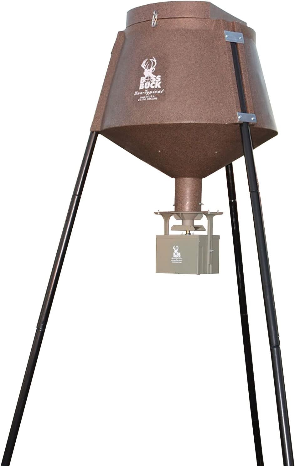 BOSS BUCK 200 LB Deer Feeder/Hunting Durable Lightweight Plastic UV Protected Waterproof Game Feeder with 12V Spinner Automatic Delivery System & Multi-Piece Legs