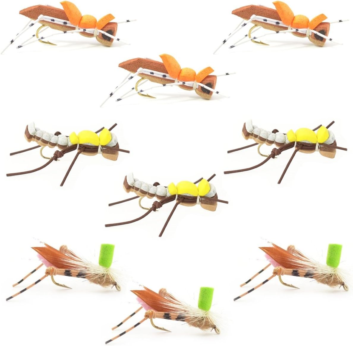 The Fly Fishing Place Grasshopper Trout Fly Fishing Flies Assortment - Foam Body Hoppers - 9 Flies 3 Patterns Hook Size 10 - Trout Fly Collection