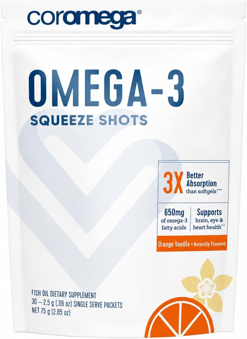 Coromega - Omega 3 Fish Oil Supplement - 30 Squeeze Packets - 650mg | Orange Flavor, 3X Better Absorption Than Softgels, Easy To Take, No Fishy Aftertaste, Convenient Daily Serving
