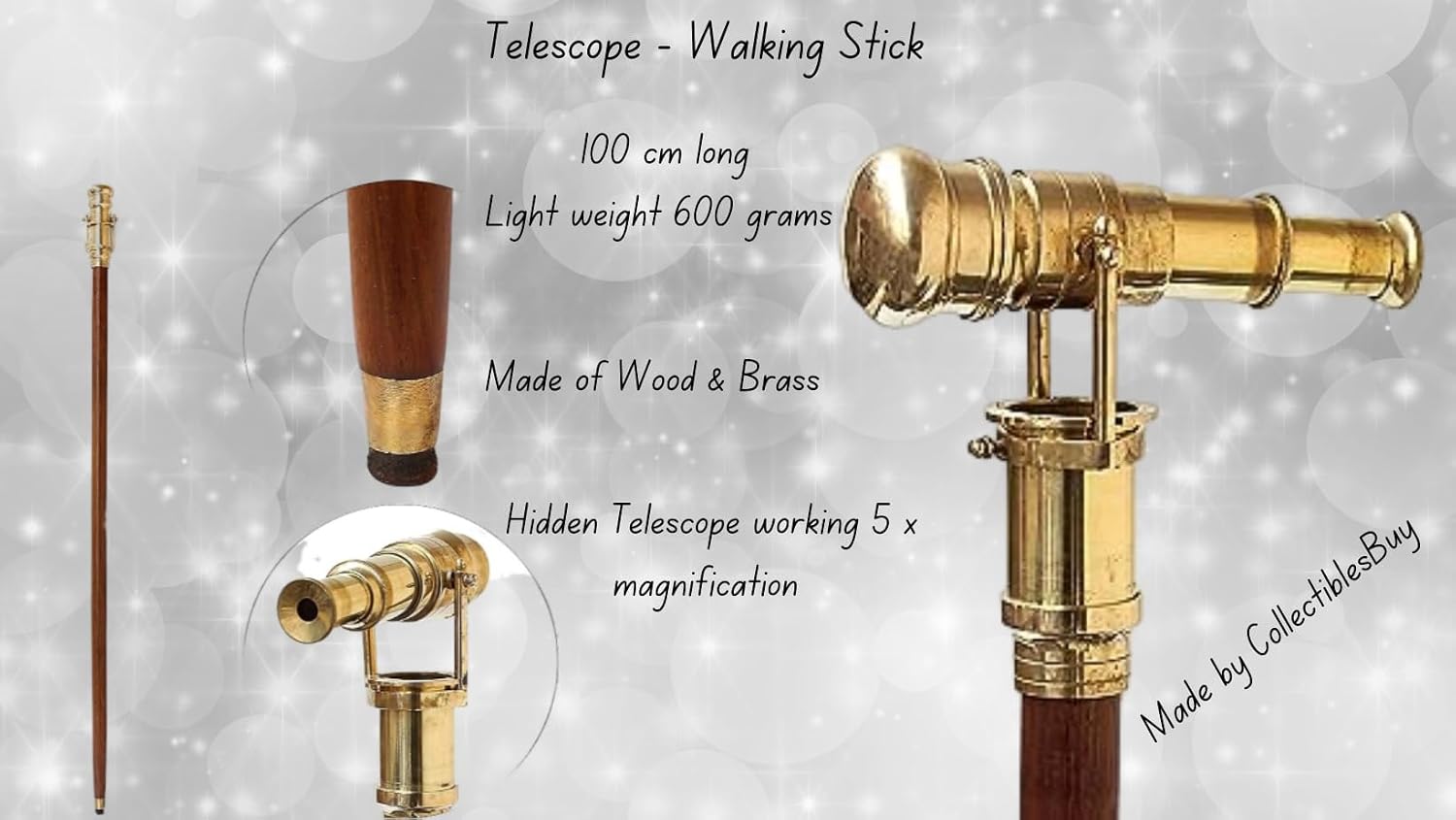 Victorian Walking Cane with Telescope Brass Handle Foldable Nautical Wooden Walking Stick Ideal Unisex
