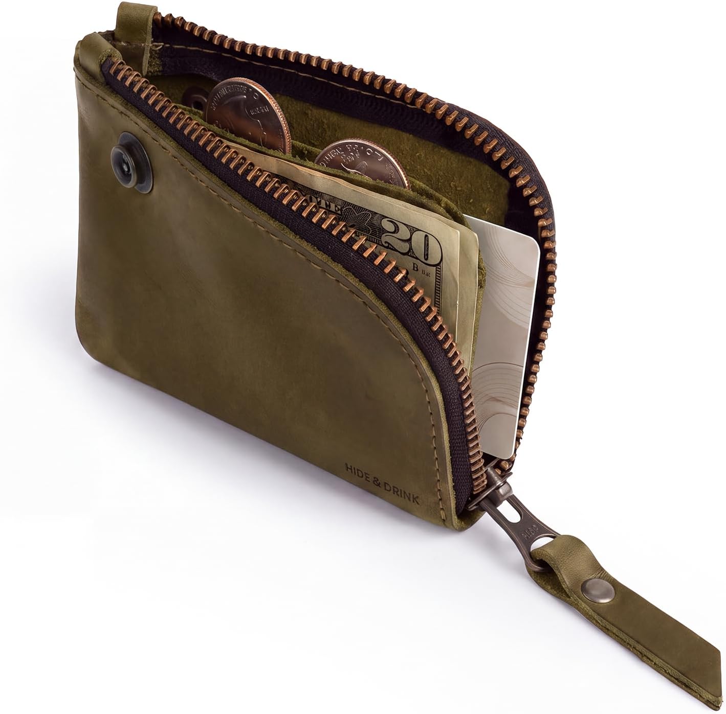 Hide & Drink, Leather Zippered Wallet, Holds Up to 6 Cards Plus Folded Bills, Pouch Organizer, Cash Holder, Travel Essentials, Mini, Pocket-Size, Handmade (Bourbon Brown)