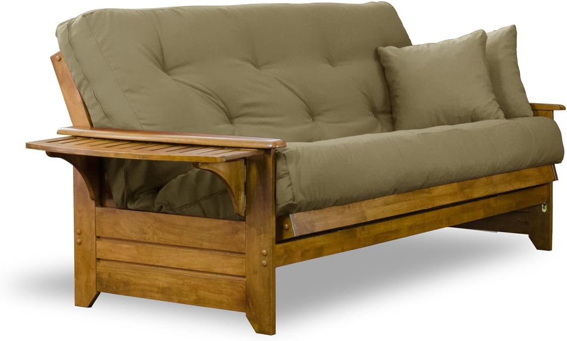 Brentwood Tray Arm Futon Sofabed Set - Queen Frame, 8" Microfiber Fudge Mattress, Heritage Finish