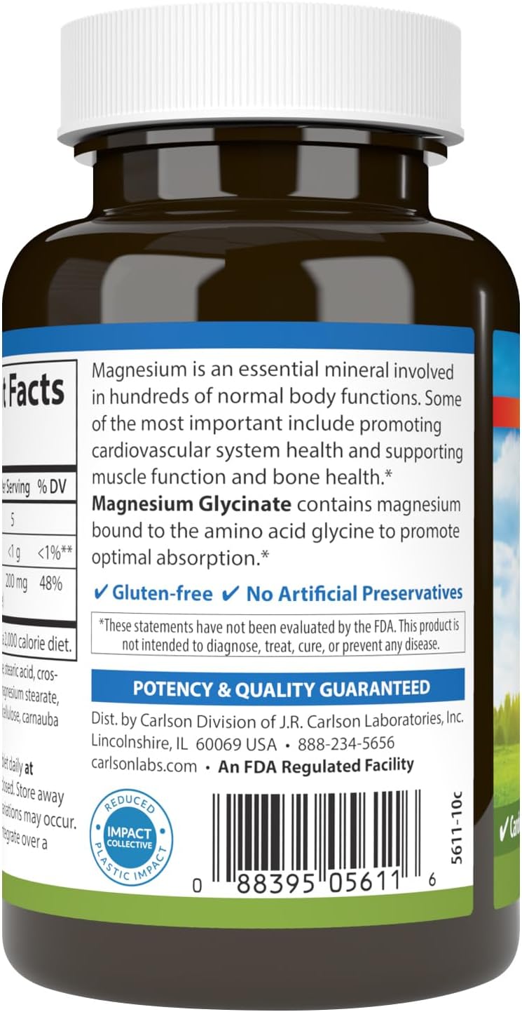 Carlson Chelated Magnesium Glycinate, 200 mg, Muscle Function, 180 Tablets | Superior Absorption; Bone Support