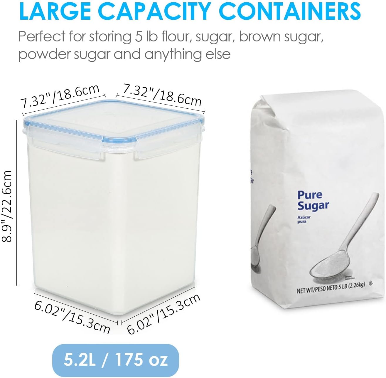 Vtopmart 5.2L Flour Sugar Storage Containers, 4 PCS, Black