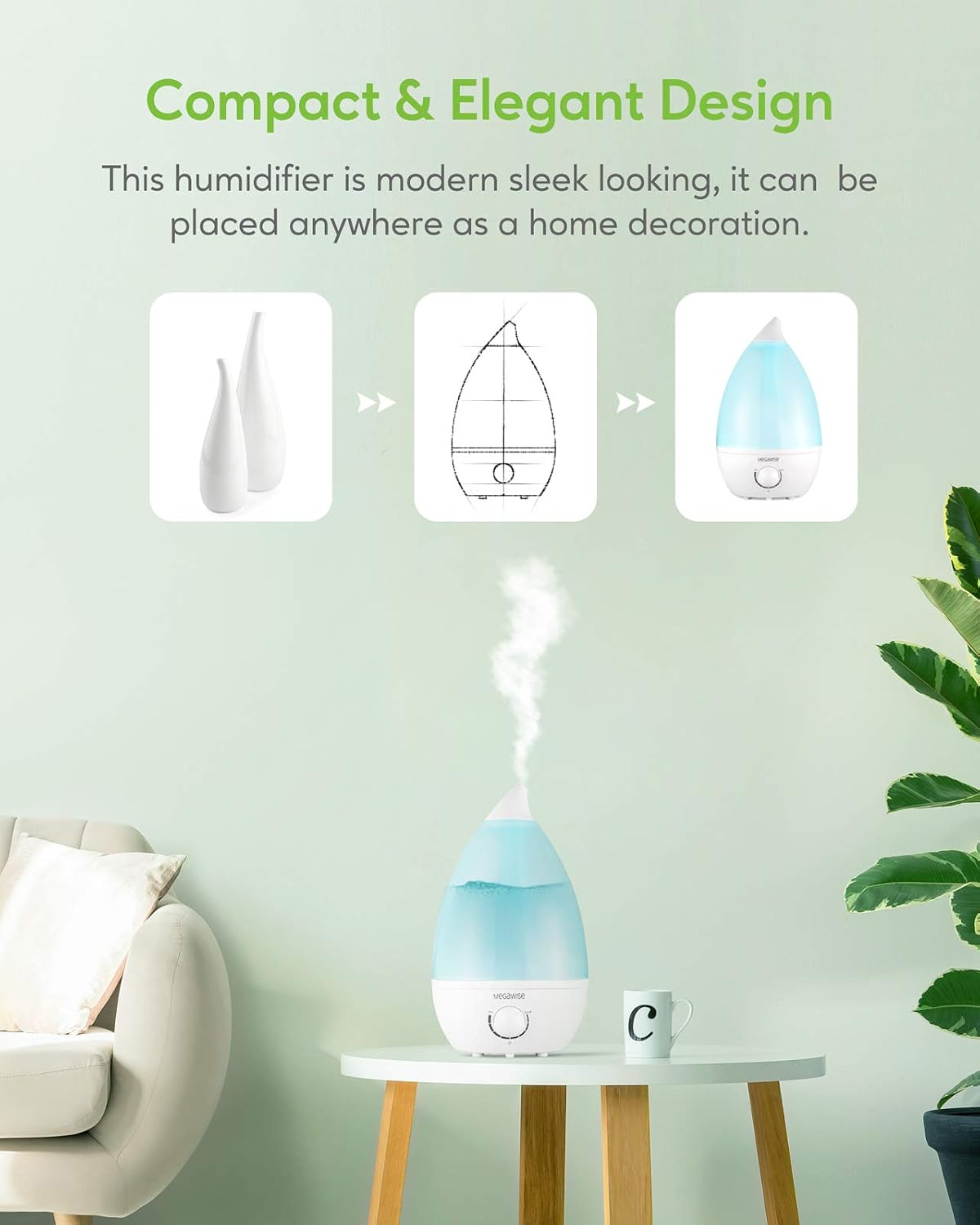 MEGAWISE 1.5L Cool Mist Humidifier for Bedroom, 25dB Quiet
