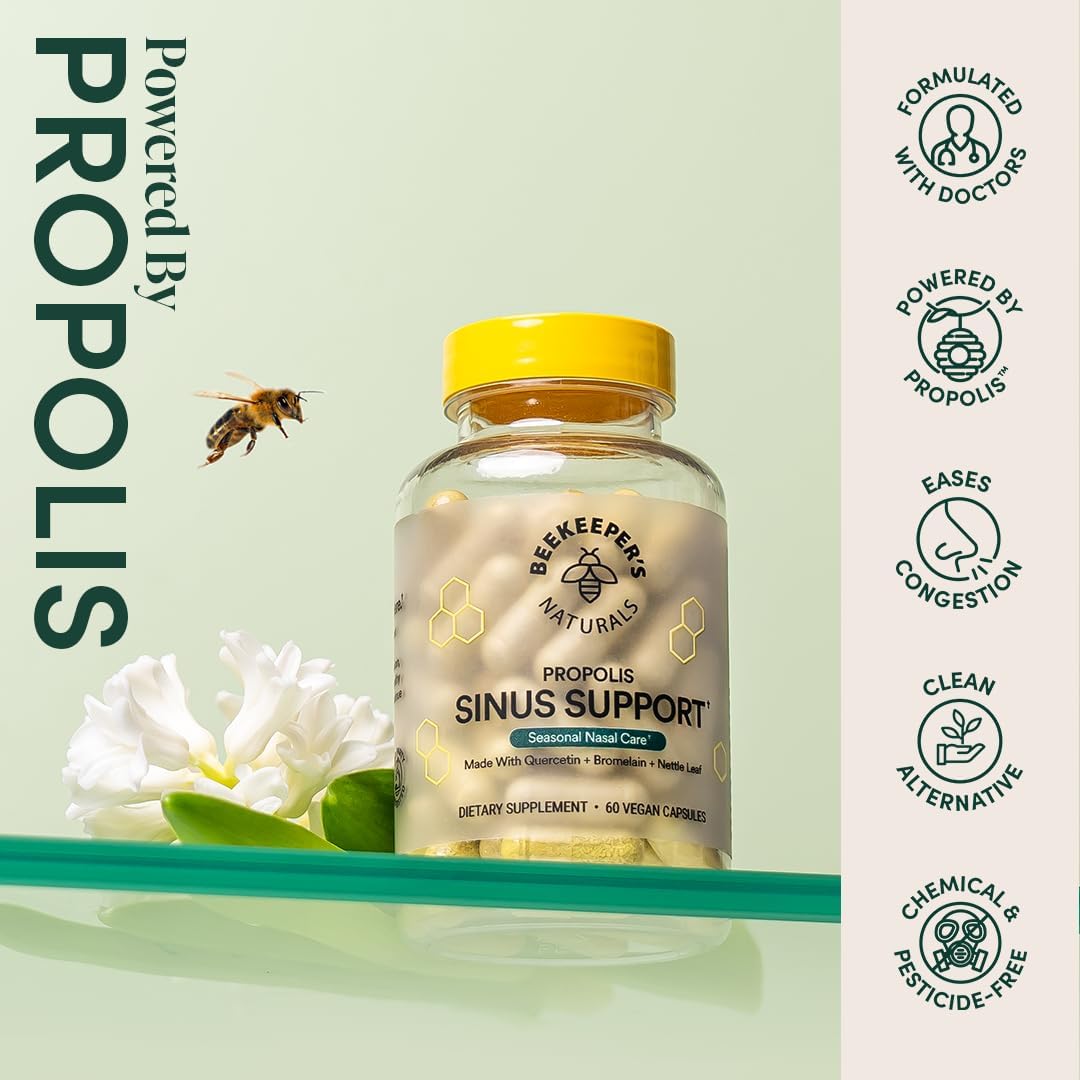 Beekeeper's Naturals Sinus Support for Adults, Quercetin & Bromelain, 60 ct | All Natural, Seasonal Nasal Care Relief, Propolis, Quercetin, Bromelain