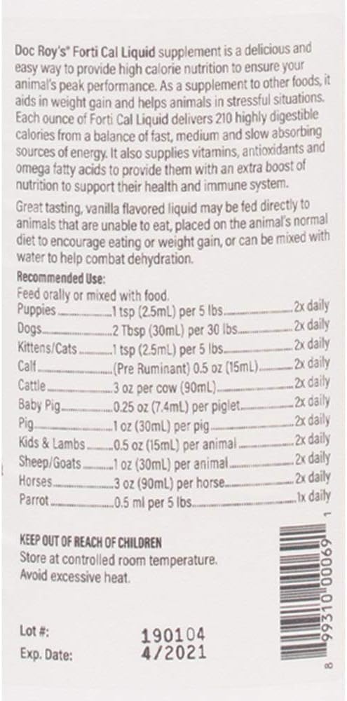 Doc Roys Forti Cal Liquid Energy Supplement for Dogs, Cats, Horses and Parrots, Natural Glucose Source with Soluble and Insoluble Fiber, Vanilla Flavor, Gallon