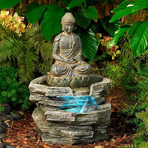 Meditating Buddha 24" High Outdoor Indoor Large Bubbler Fountain with Light | Zen Asian Decor Resin Floor LED Standing Water Feature for Outside Garden Patio Yard Backyard Porch Deck