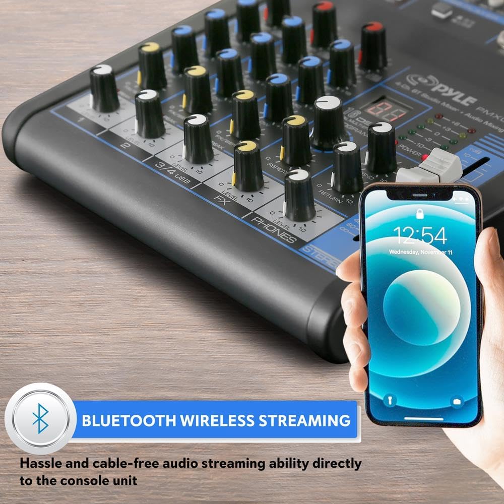 Pyle 4 Channel Audio Mixer with Bluetooth - DJ Sound Board Controller - USB Computer Input - Built-in MP3 Player - 48V Phantom Power - 3 Band EQ