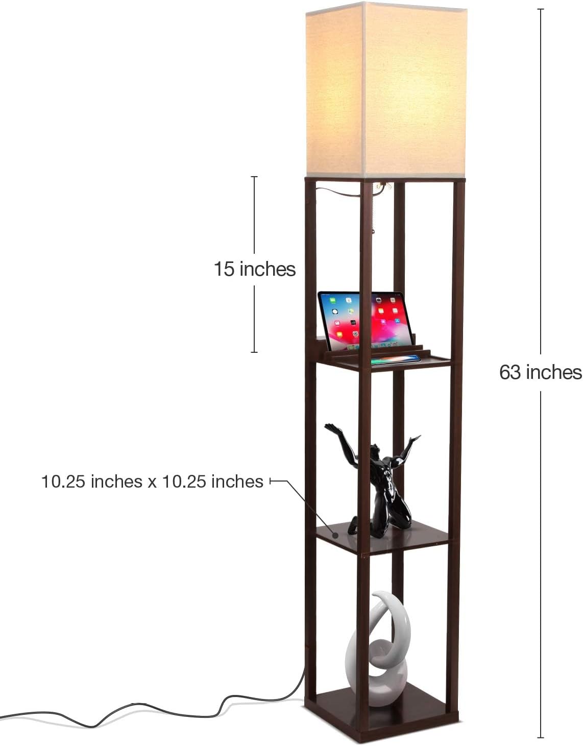 Brightech Maxwell Charger - Modern Shelf Floor Lamp with USB Charging Ports & Electric Outlet - Corner Display Floor Lamps with Shelves for Living