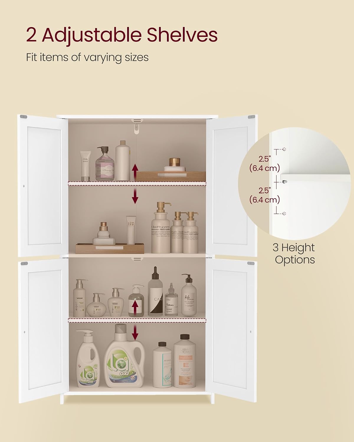 VASAGLE Floor Storage Cabinet, Freestanding Storage Unit with 2 Adjustable Shelves, for Bathroom Living Room Dining Kitchen, 11.8 x 23.6 x 31.5 Inches, Cloud White UBCB60WV1