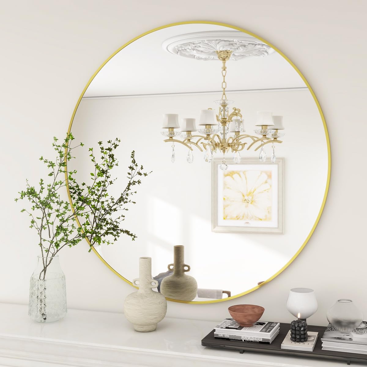 BEAUTYPEAK 24 Inch Round Mirror, Metal Frame Circle Mirror, White