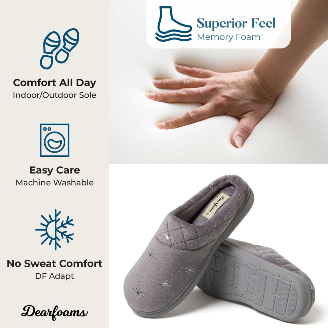 Dearfoams Women's Lightweight Memory Foam Indoor House Slipper Darcy Velour Clog with Wide Widths