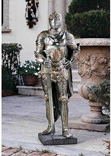 Design Toscano King's Guard Medieval Decor Half Scale Knight Armor Gothic Statue, 39 Inch Tall, Cast Stone Resin, Metallic Finish with Faux Stone Base