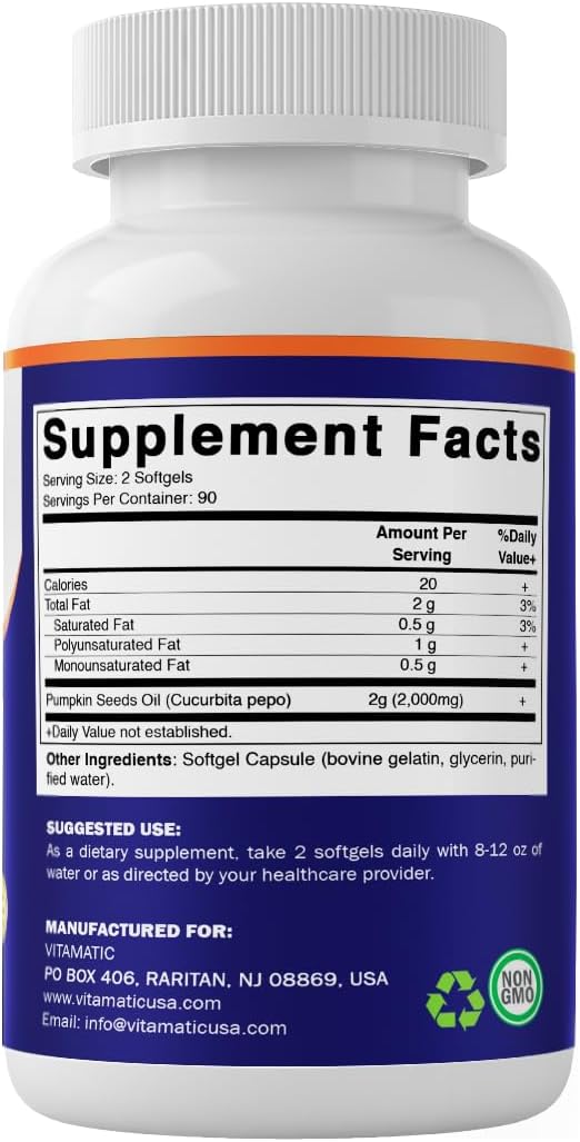 Vitamatic Pumpkin Seed Oil 2000mg Softgel Capsules, 180 Softgels